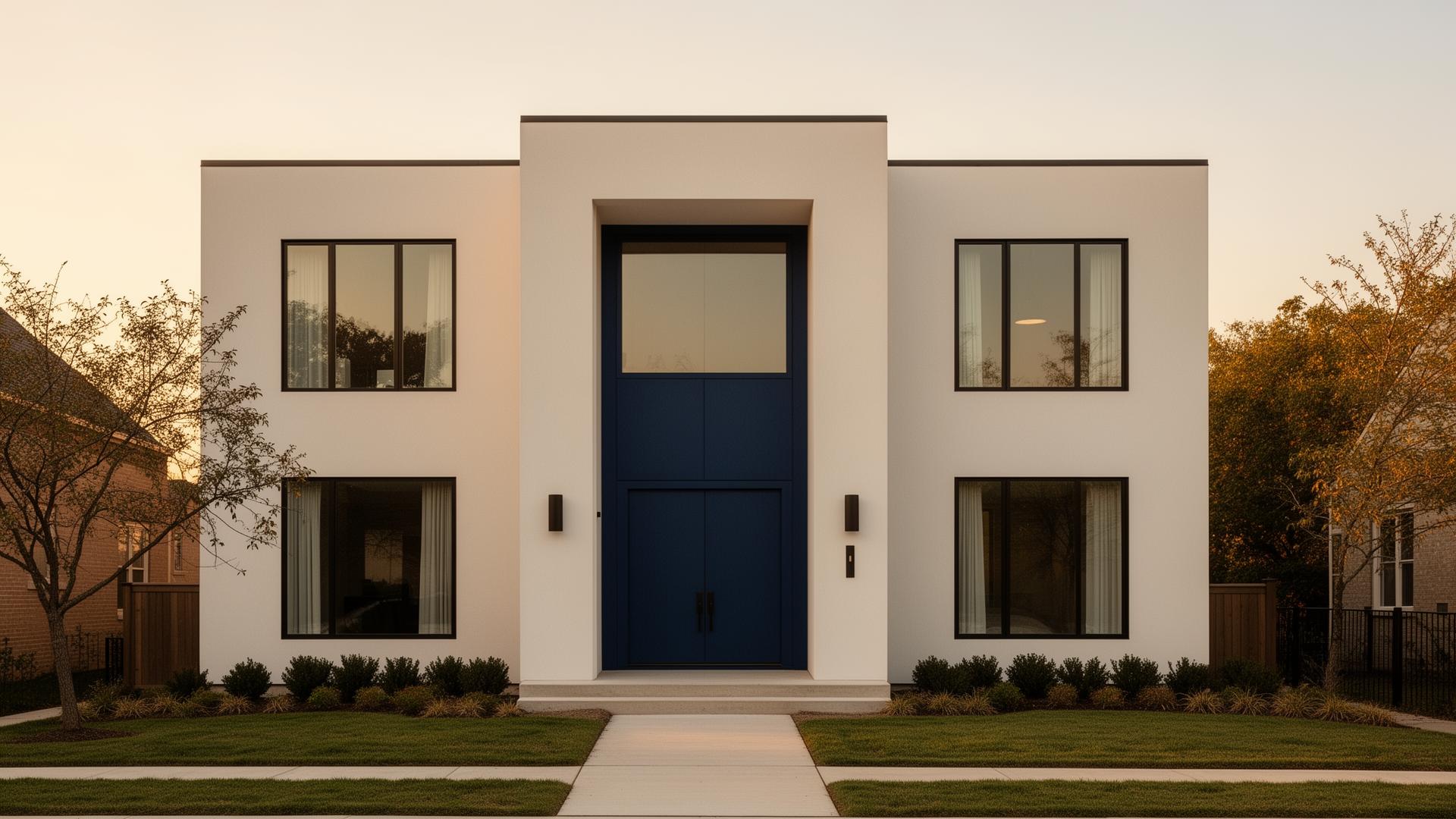 A contemporary Indianapolis home with a navy blue entry door at dusk